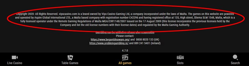 Informace o licenci v online casinu VIPS