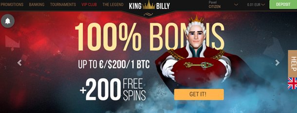King Billy Casino home page