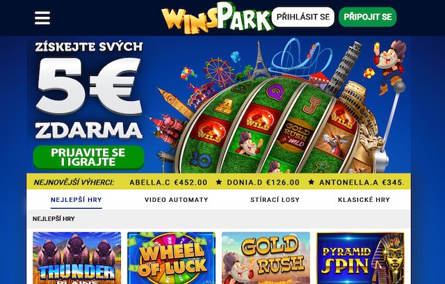 Zde vidíte nové online casino Winspark nabízející casino bonus 5 euro bez nutnosti prvního vkladu