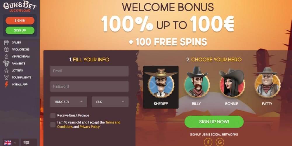 Online casino Gunsbet - home page